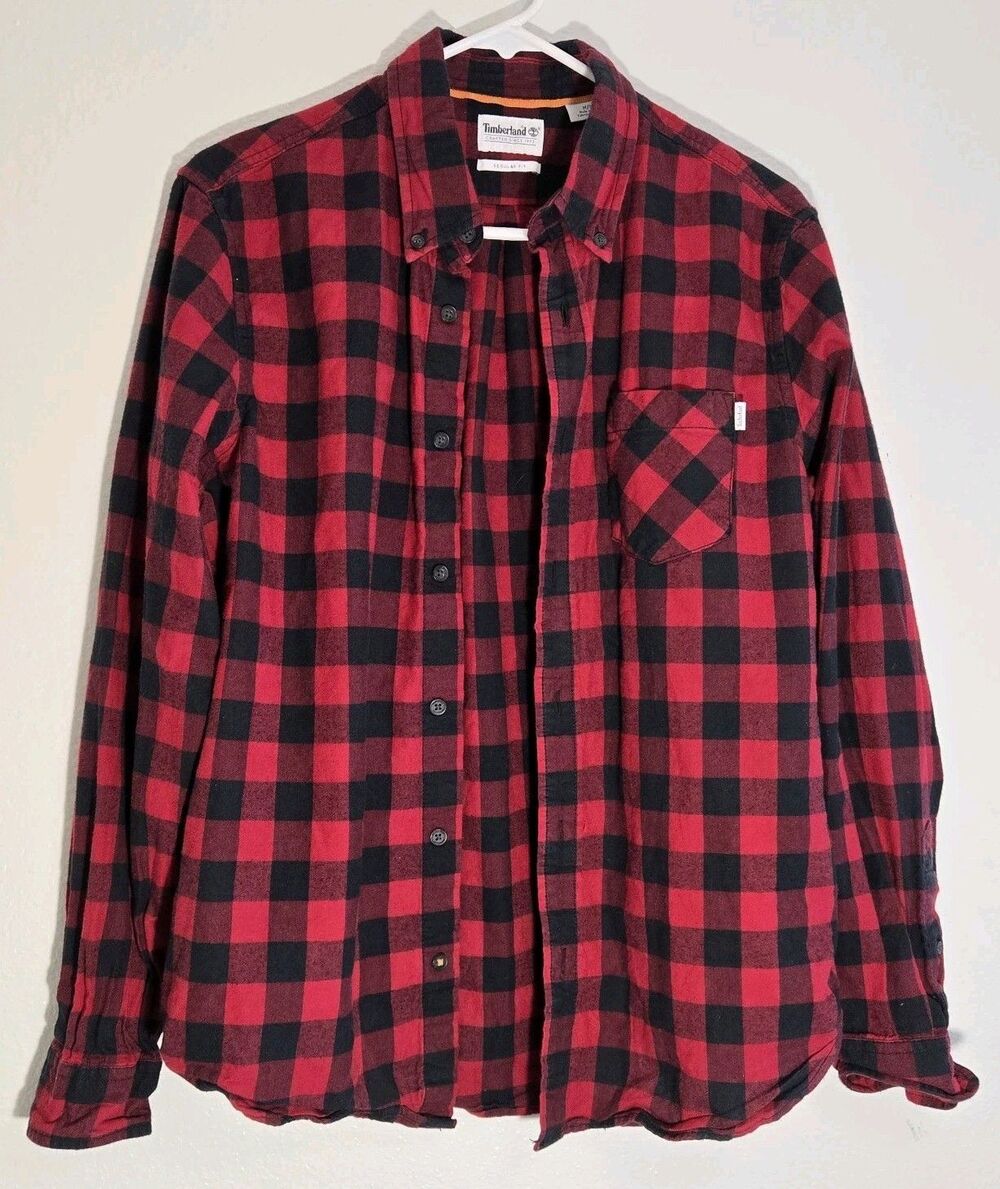 Timberland Flannel Mens Buffalo Plaid Lumberjack Pocket Red Black Button Down M